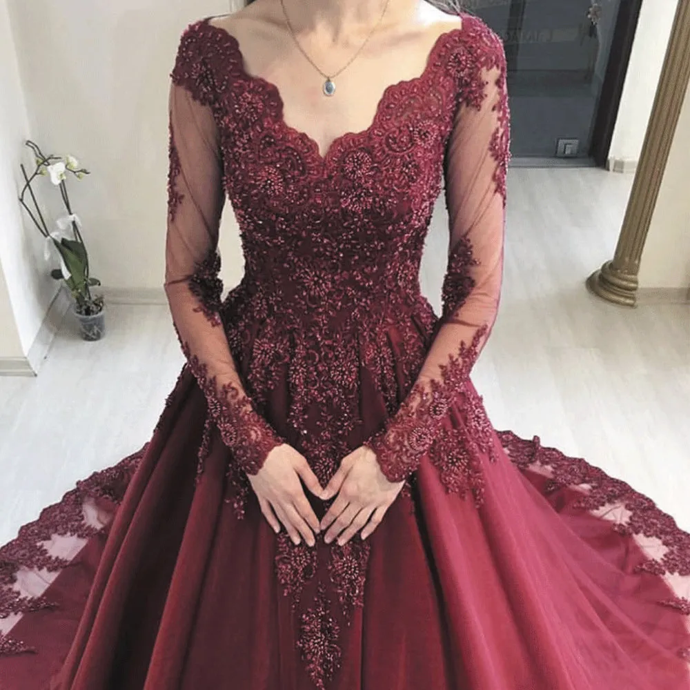 lace applique prom dresses ball gown 2020 beaded long sleeve elegant luxury prom gown vestido de Longo