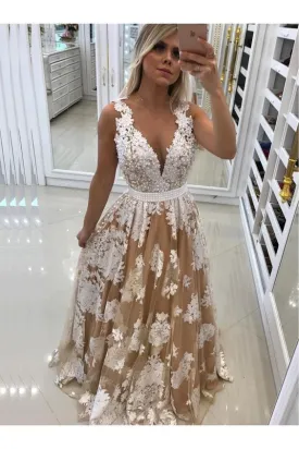 lace applique prom dresses sleeveless v neck elegant champagne a line prom gown abendkleider