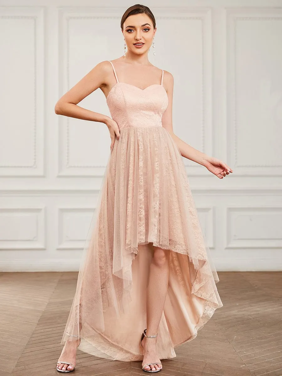 Lace Spaghetti Strap Tulle A-Line High Low Bridesmaid Dress