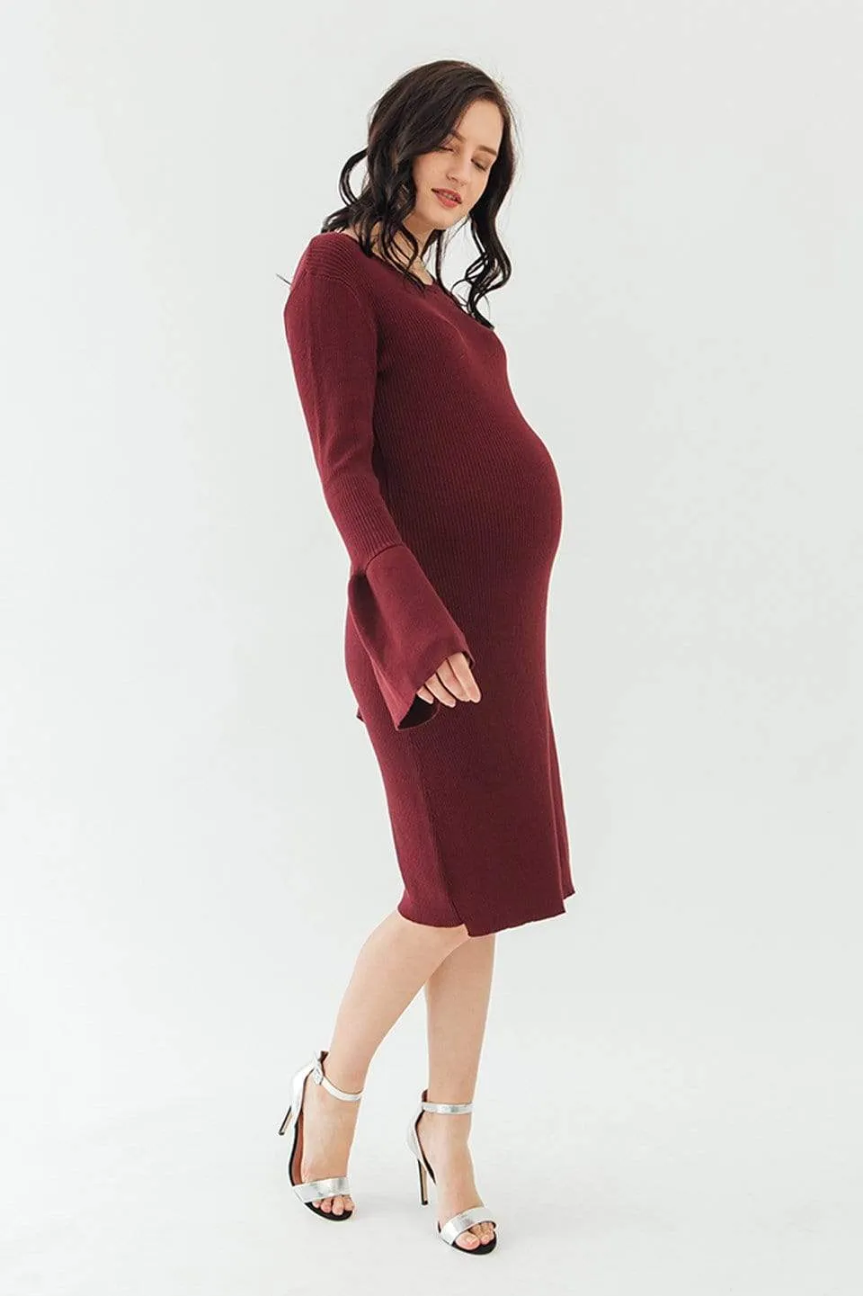 Long Flare Sleeves Dessa Sweater Maternity Dress Wine