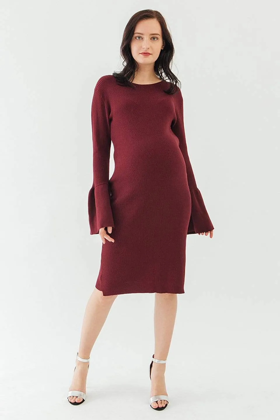 Long Flare Sleeves Dessa Sweater Maternity Dress Wine