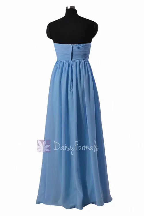 Long Strapless Chiffon Bridesmaid Dress Cornflower Pleated Party Dress (BM2404)