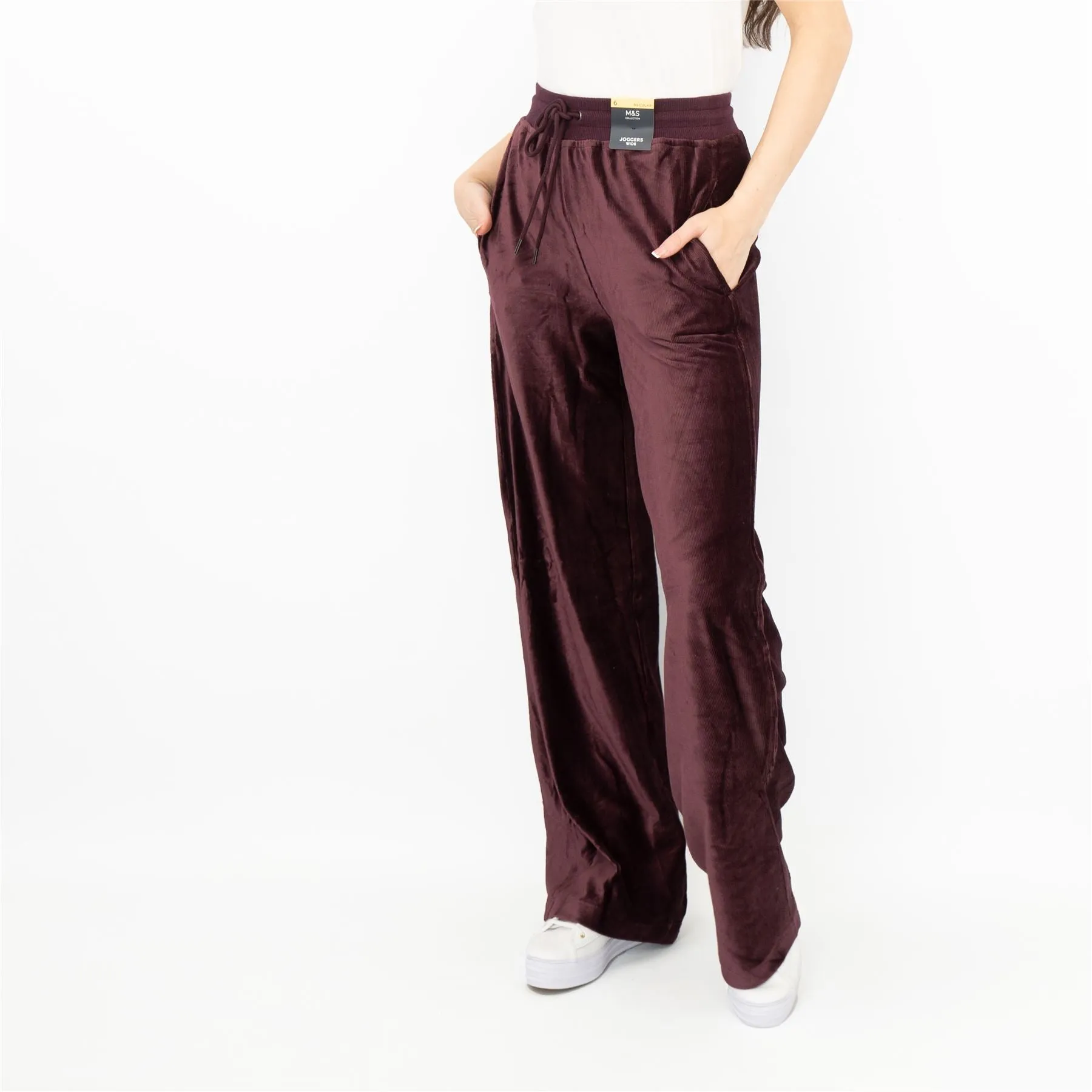 M&S Wide Leg Purple Velour Joggers Elasticated Waist Casual Trousers