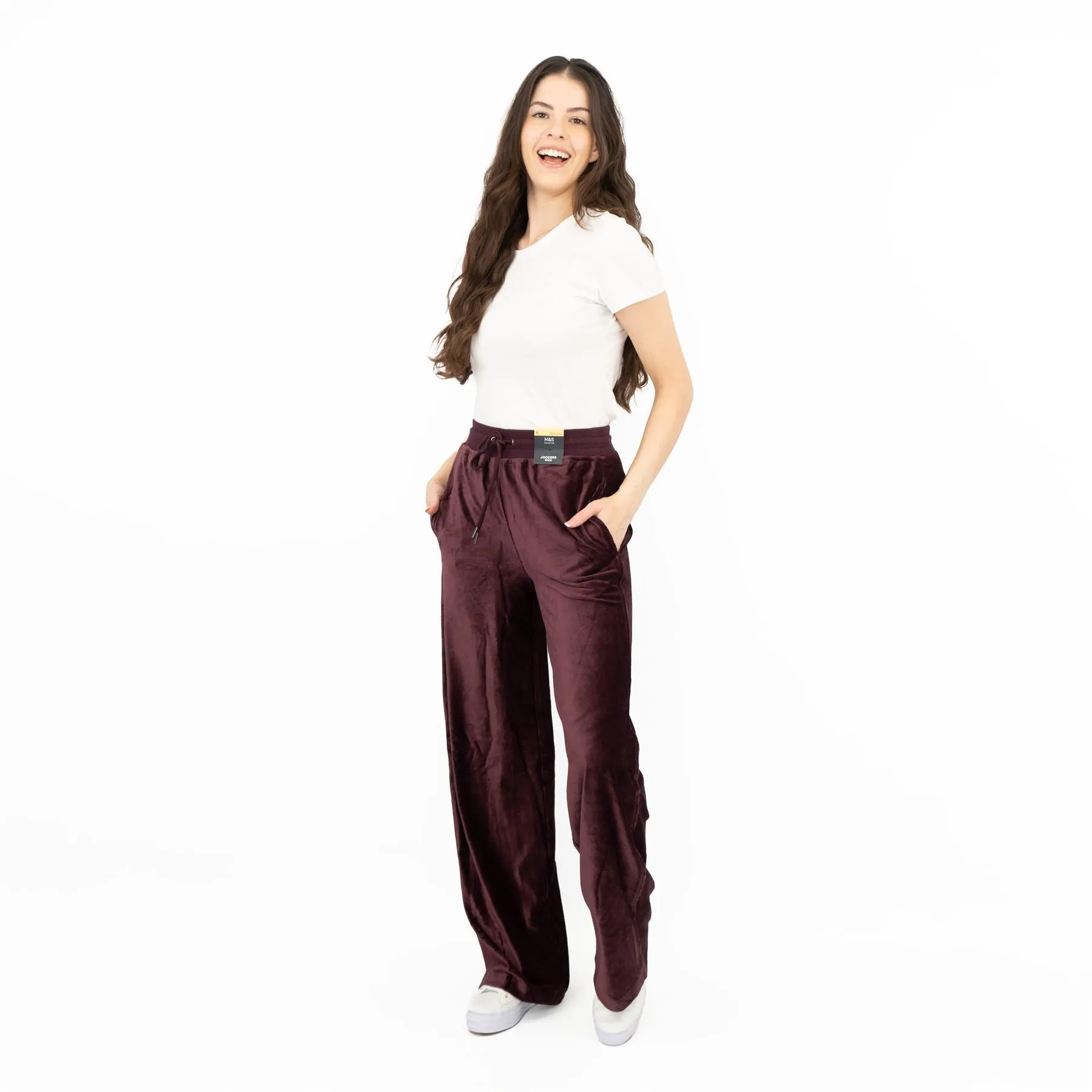 M&S Wide Leg Purple Velour Joggers Elasticated Waist Casual Trousers