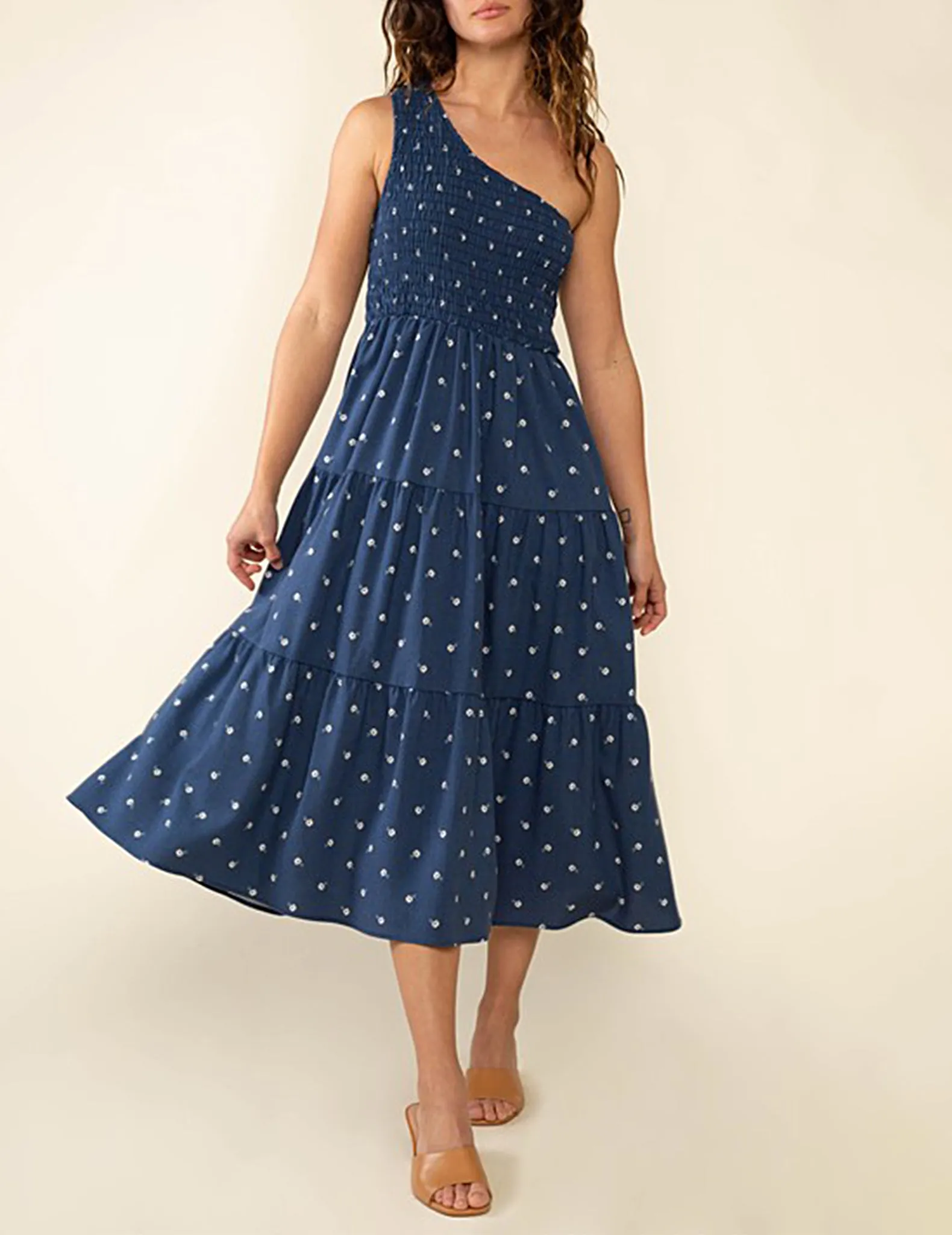 May One Shoulder Navy Floral Midi Dress