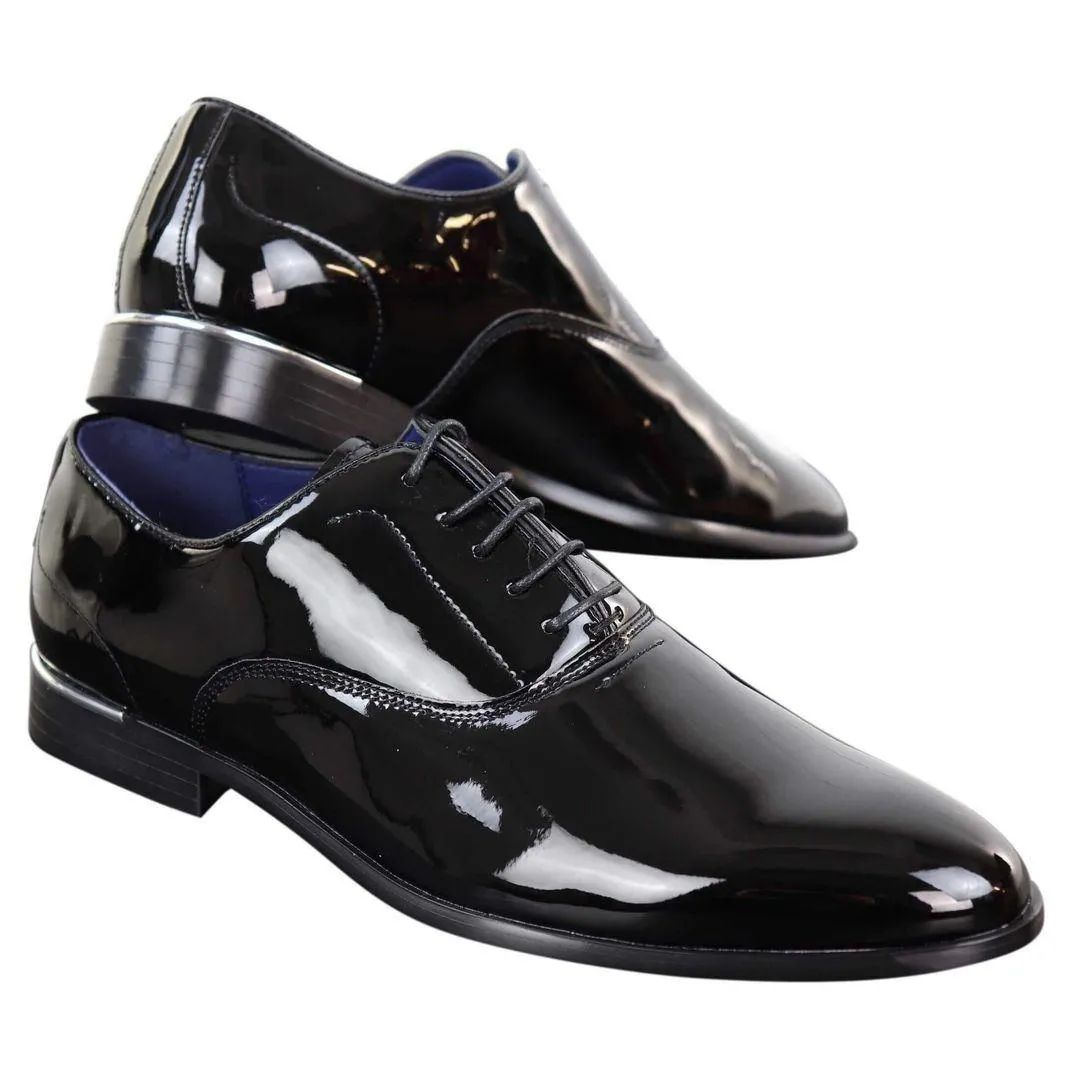 Mens Laced Shoes Shiny Patent Italian Design Silver Metal Classic Smart Formal