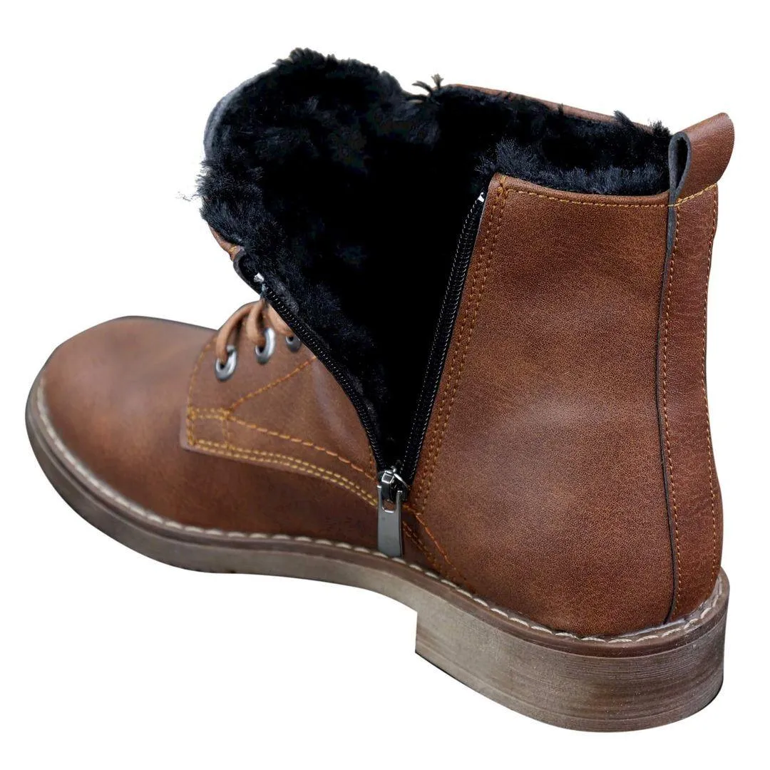 Mens Laced Zip Ankle Boots Fur Fleece Lined Warm Casual Hiking Combat Military