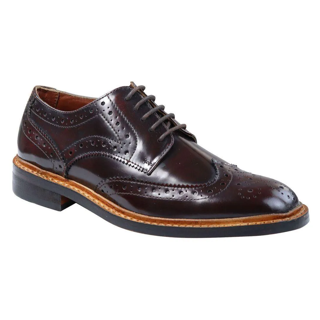 Mens Oxford Brogue Shoes Laced Leather Goodyear Welted Tan Brown Burgundy