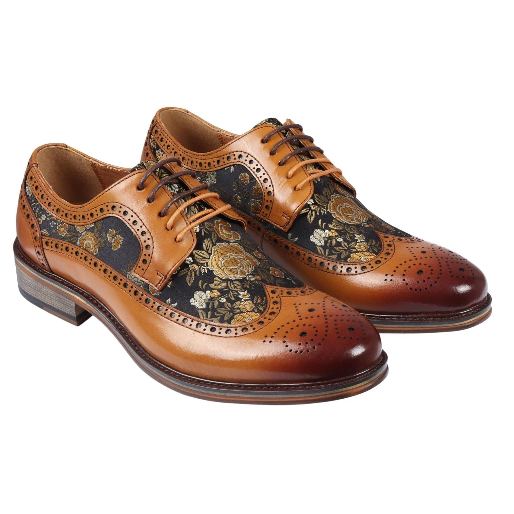 Men's Shoes Floral Print Leather Oxford Brogue Lace Up Formal Dress Shoe