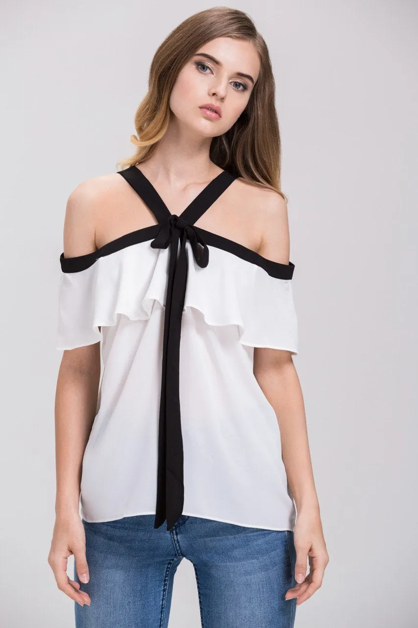 Mina Al Sheikhly - White Chiffon Ruffled Cold Shoulder Top