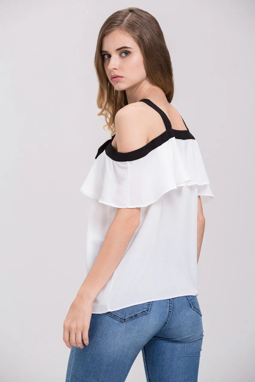 Mina Al Sheikhly - White Chiffon Ruffled Cold Shoulder Top