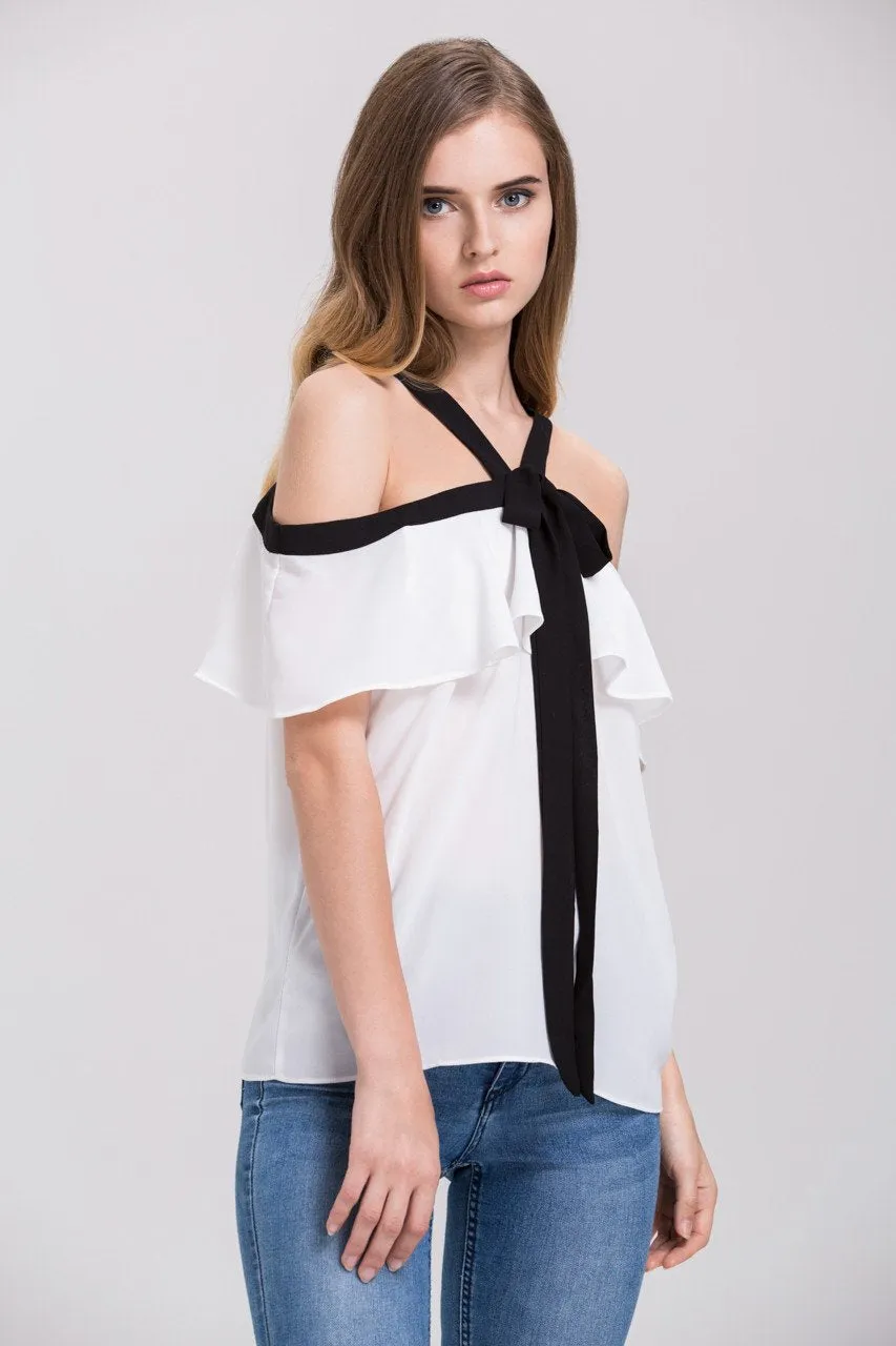 Mina Al Sheikhly - White Chiffon Ruffled Cold Shoulder Top