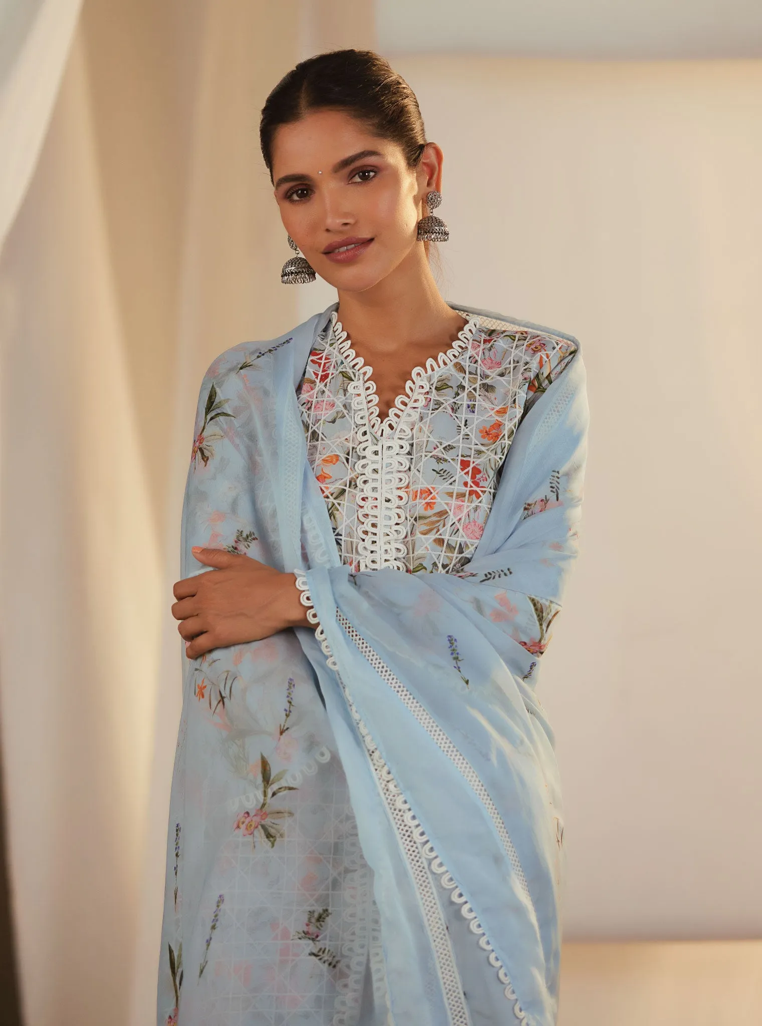 Mulmul Cotton Corelli Blue Kurta With Corelli Blue Dhoti Pant