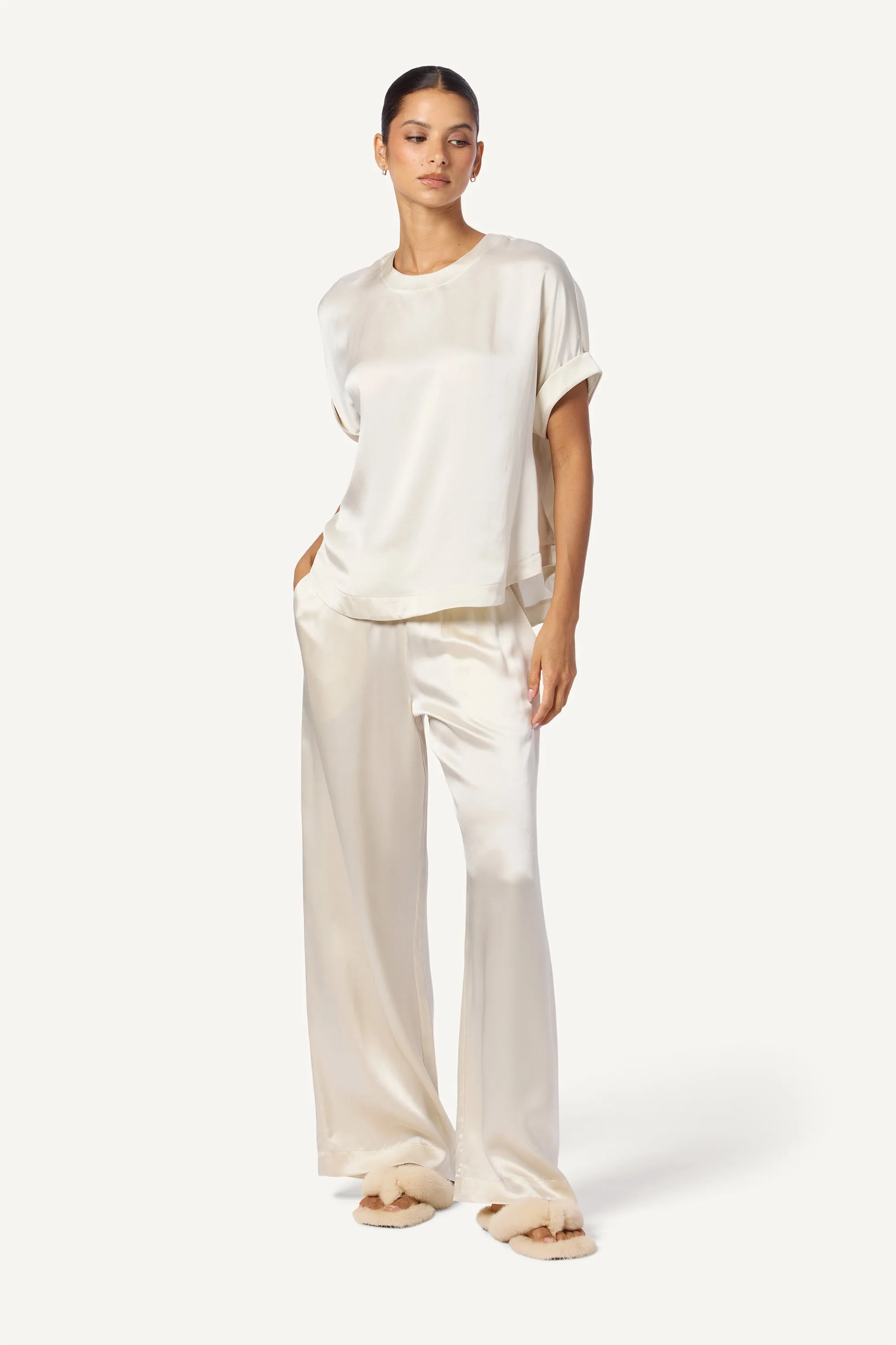 NESSA RELAXED CUFFED SILK T-SHIRT | GARDENIA