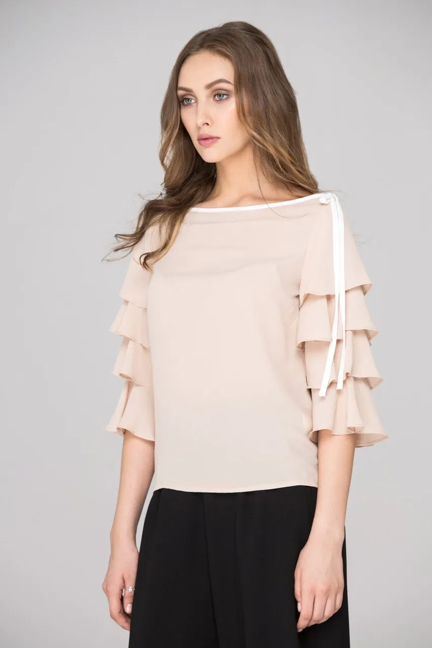 Nude Chiffon Tiered Ruffle Sleeve Top