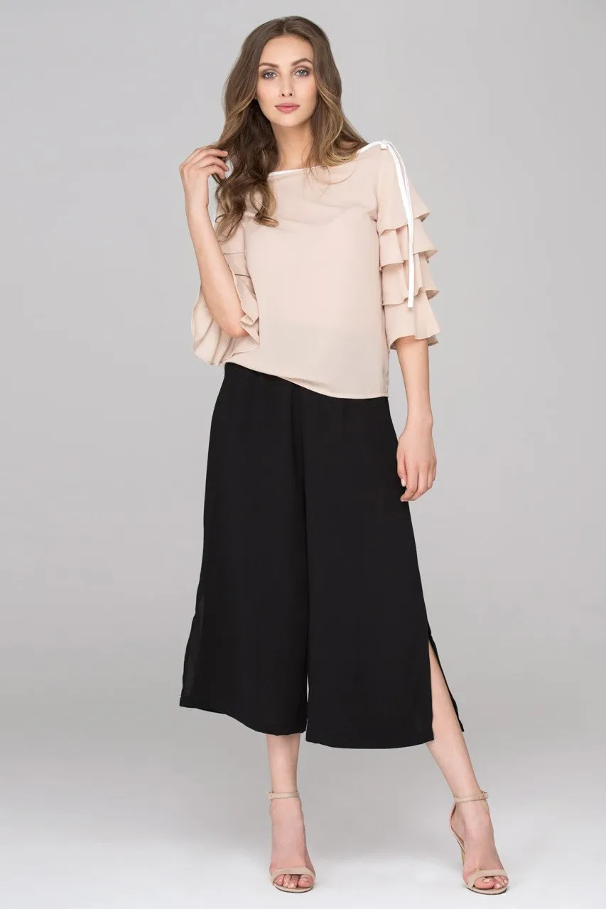 Nude Chiffon Tiered Ruffle Sleeve Top