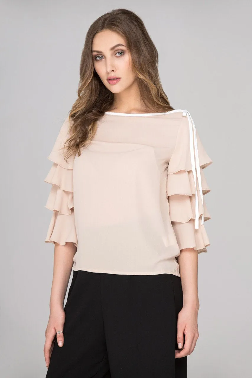 Nude Chiffon Tiered Ruffle Sleeve Top