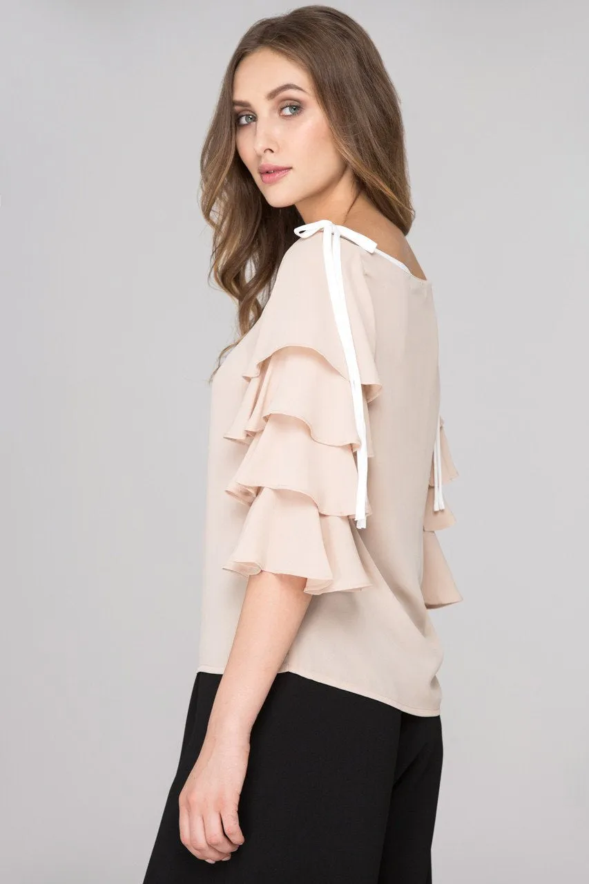 Nude Chiffon Tiered Ruffle Sleeve Top