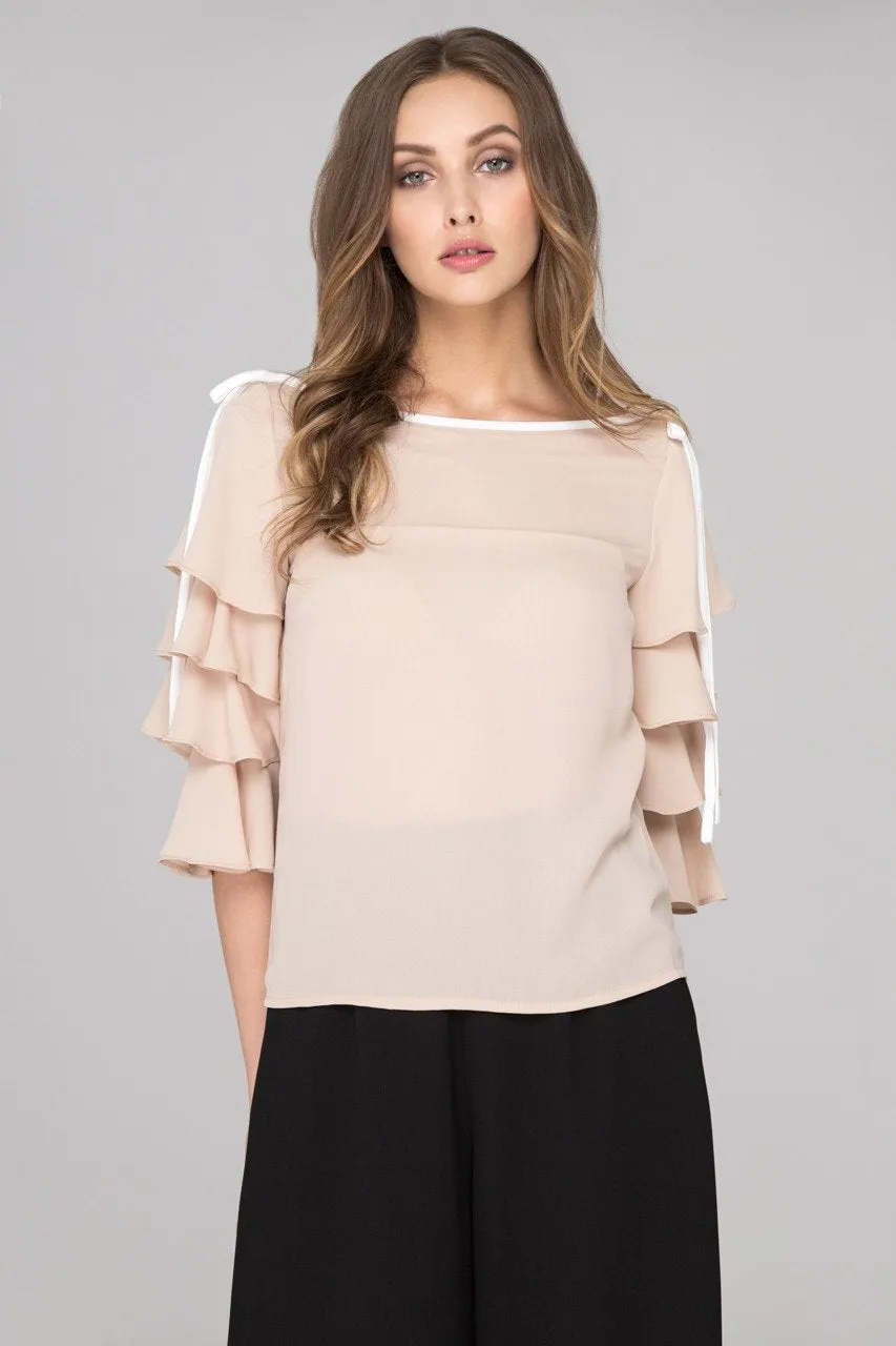 Nude Chiffon Tiered Ruffle Sleeve Top