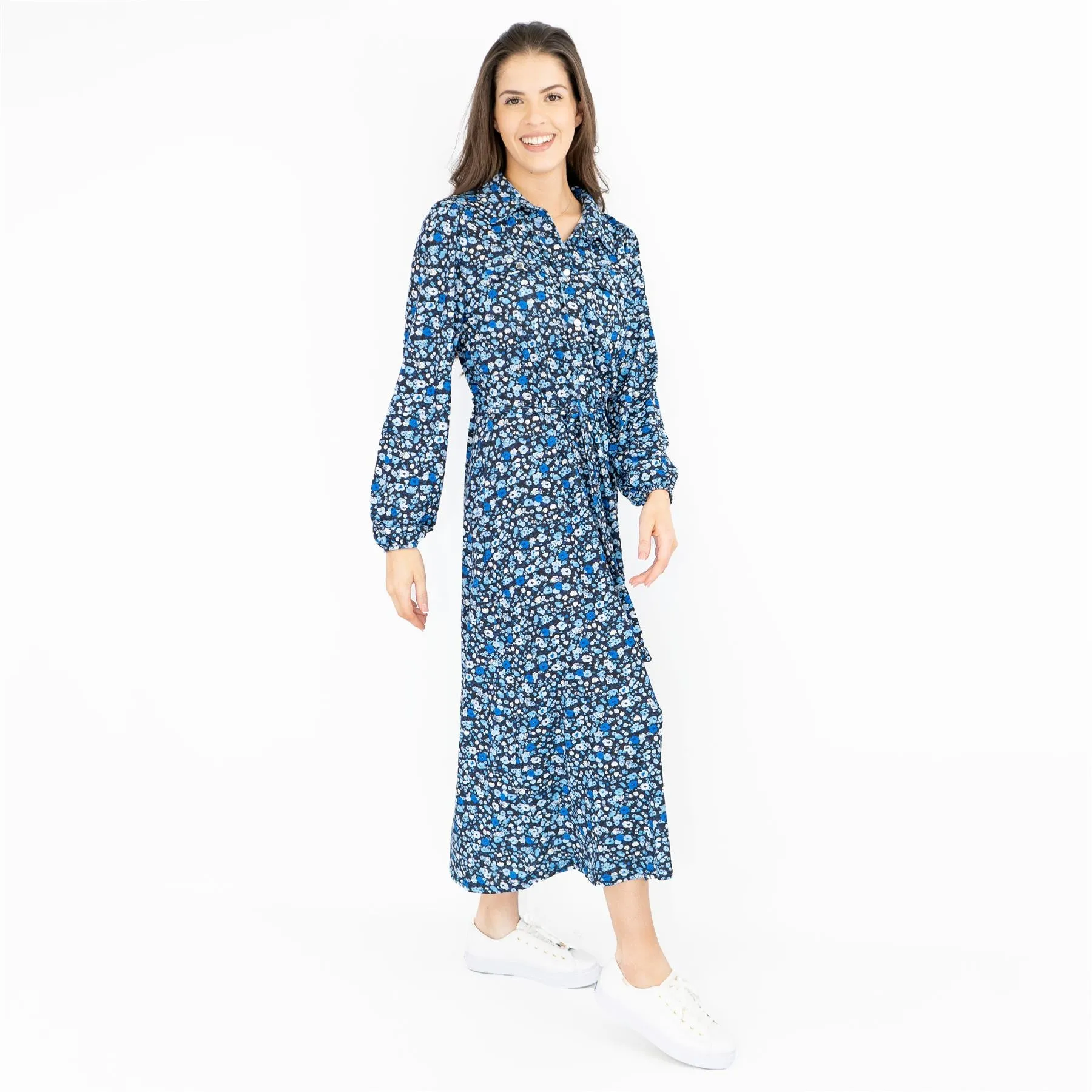 Oasis Black Dress with Blue Floral Print Long Sleeve Midi Shirt Dresses