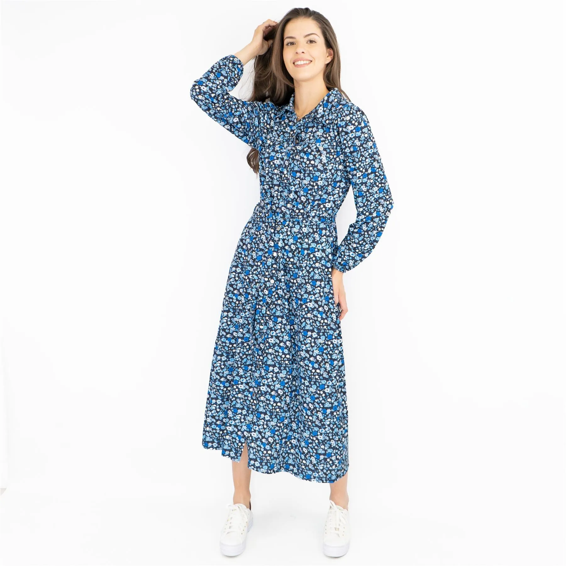 Oasis Black Dress with Blue Floral Print Long Sleeve Midi Shirt Dresses