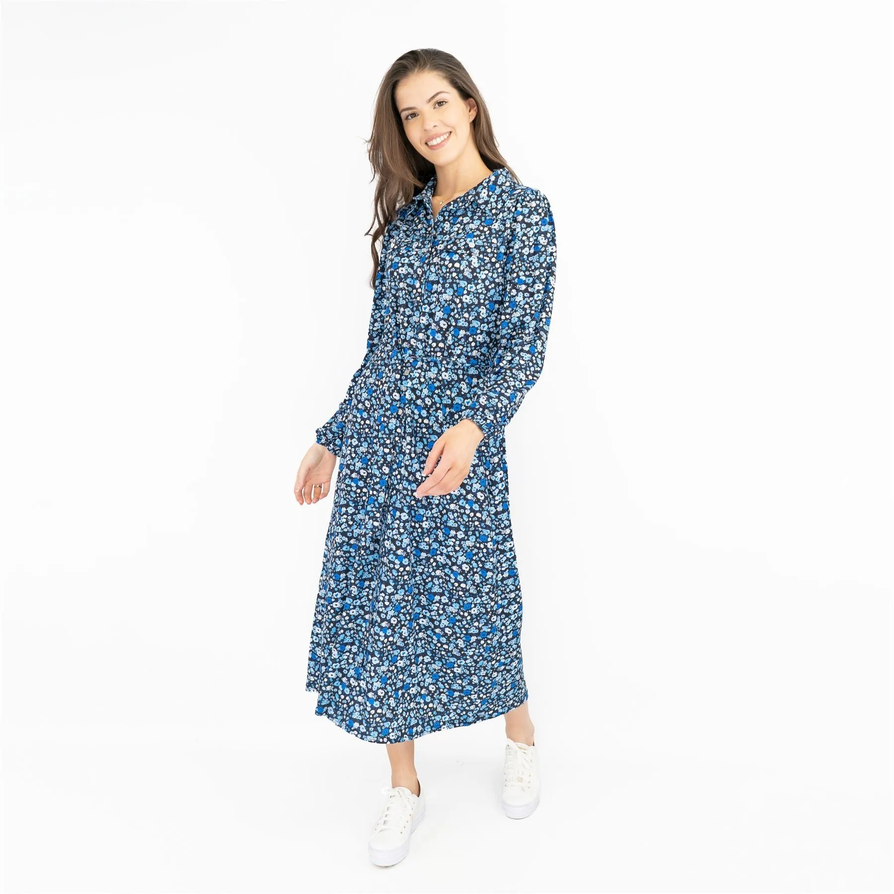 Oasis Black Dress with Blue Floral Print Long Sleeve Midi Shirt Dresses