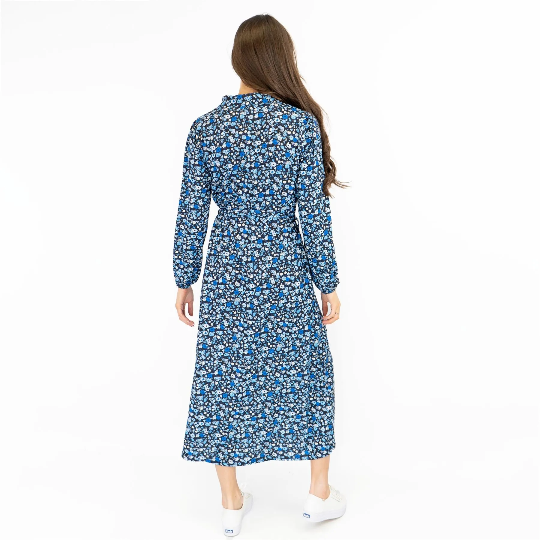 Oasis Black Dress with Blue Floral Print Long Sleeve Midi Shirt Dresses