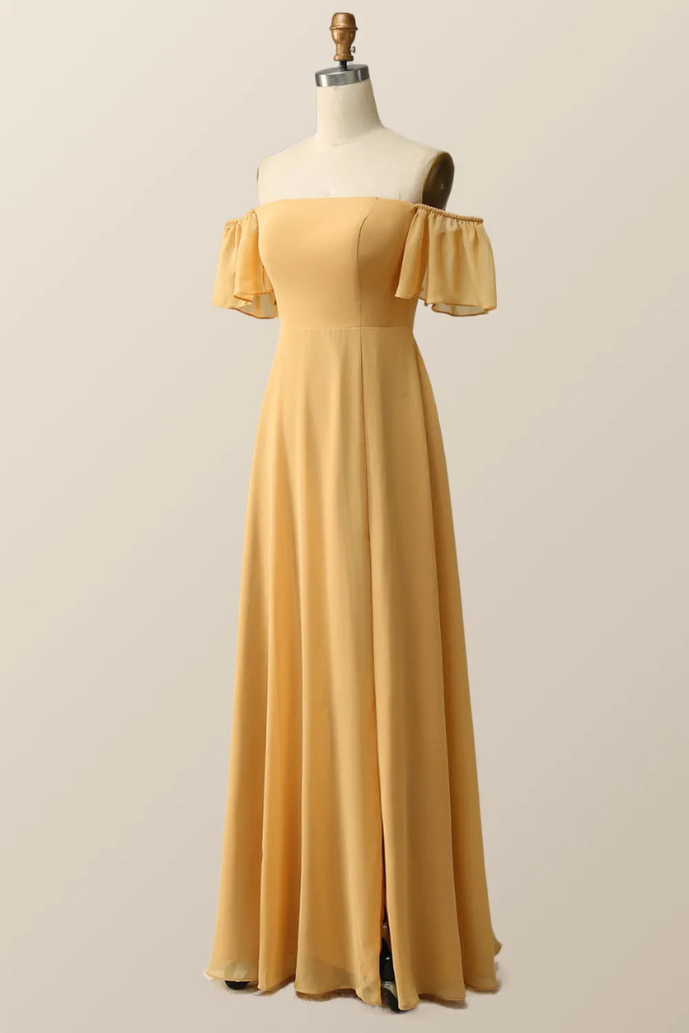 Off the Shoulder Yellow Chiffon Long Bridesmaid Dress