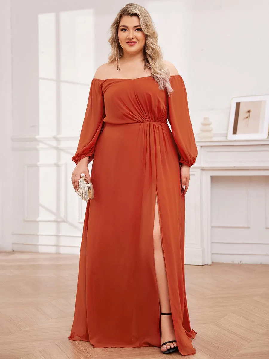 Plus Size High-Slit Waist Pleated Bridesmaid Dress with Long Sleeves