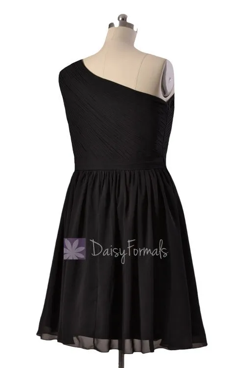 Plus Size Short One Shoulder Chiffon Bridesmaid Dress Black Formal Dress(BM10822S)