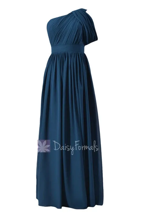 Quality Long Peacock Blue Bridesmaid Dress One Shoulder Chiffon Formal Dress(BM281L)