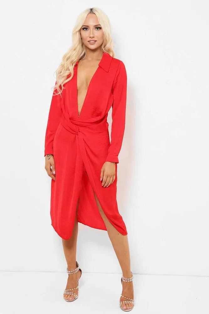 Red Crushed Satin Deep Plunge And Split Dress