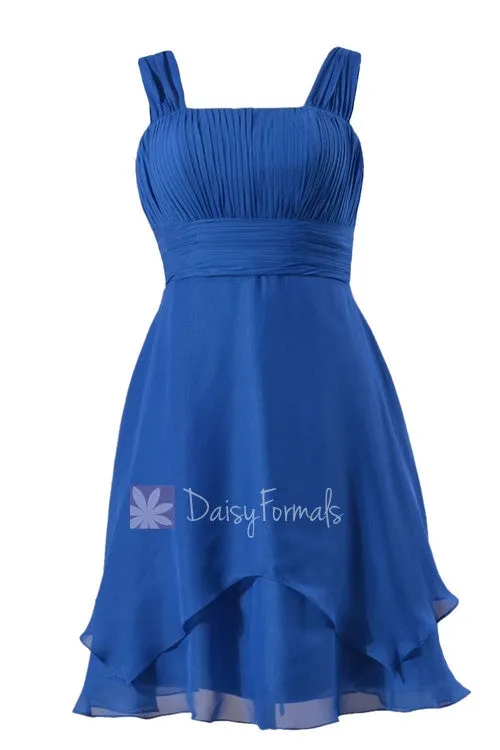 Royal Blue Chiffon Bridesmaid Dress Cobalt Blue Knee Length Formal Dress W/Straps(BM912)