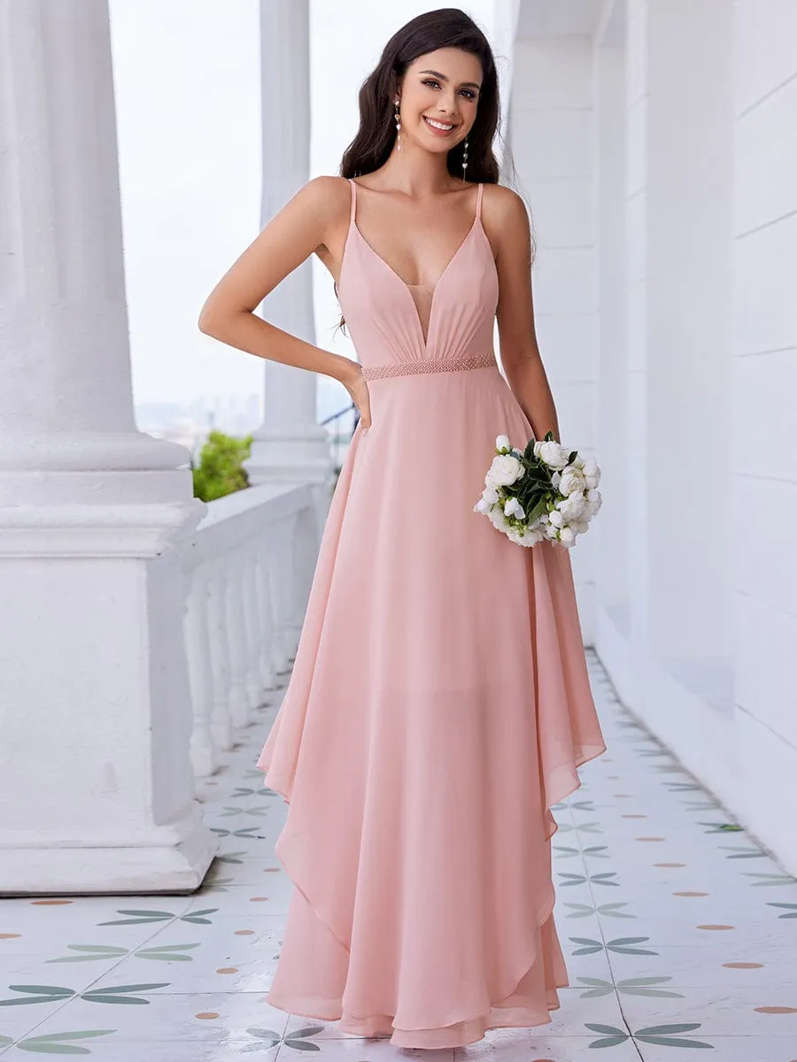 Ruffle Hem and Pearl Waist Detail V-Neck Backless Chiffon Bridesmaid Dress