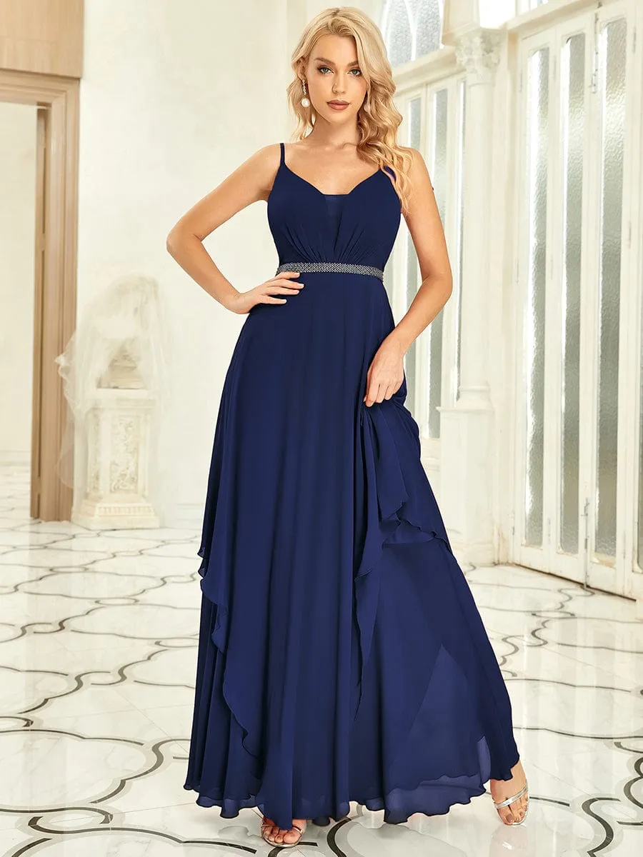 Ruffle Hem and Pearl Waist Detail V-Neck Backless Chiffon Bridesmaid Dress