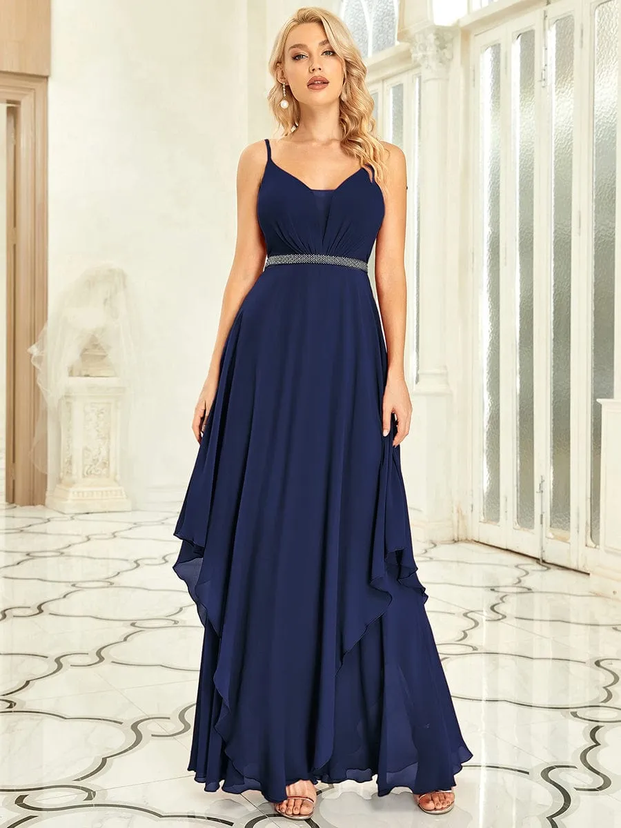 Ruffle Hem and Pearl Waist Detail V-Neck Backless Chiffon Bridesmaid Dress