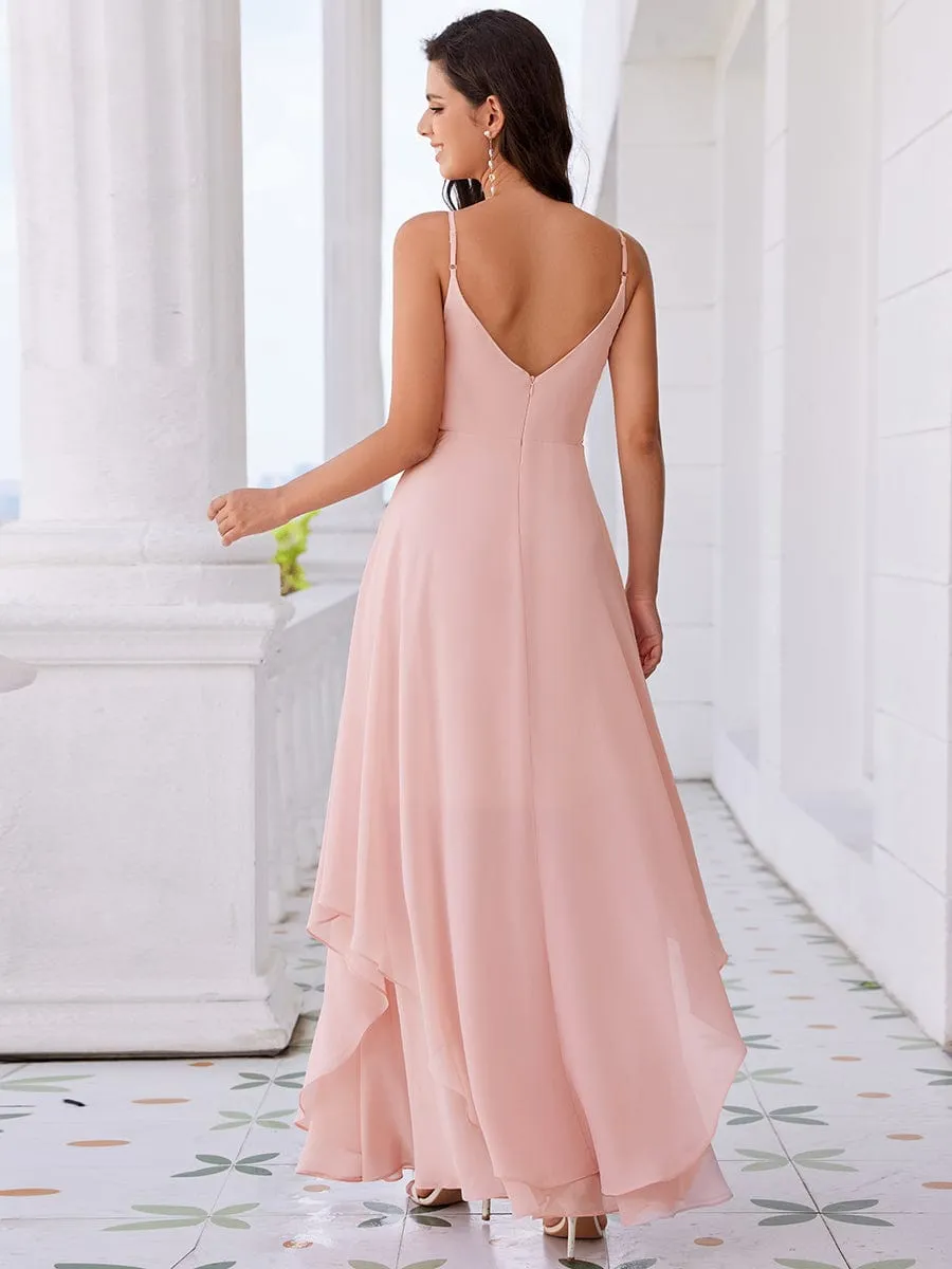 Ruffle Hem and Pearl Waist Detail V-Neck Backless Chiffon Bridesmaid Dress