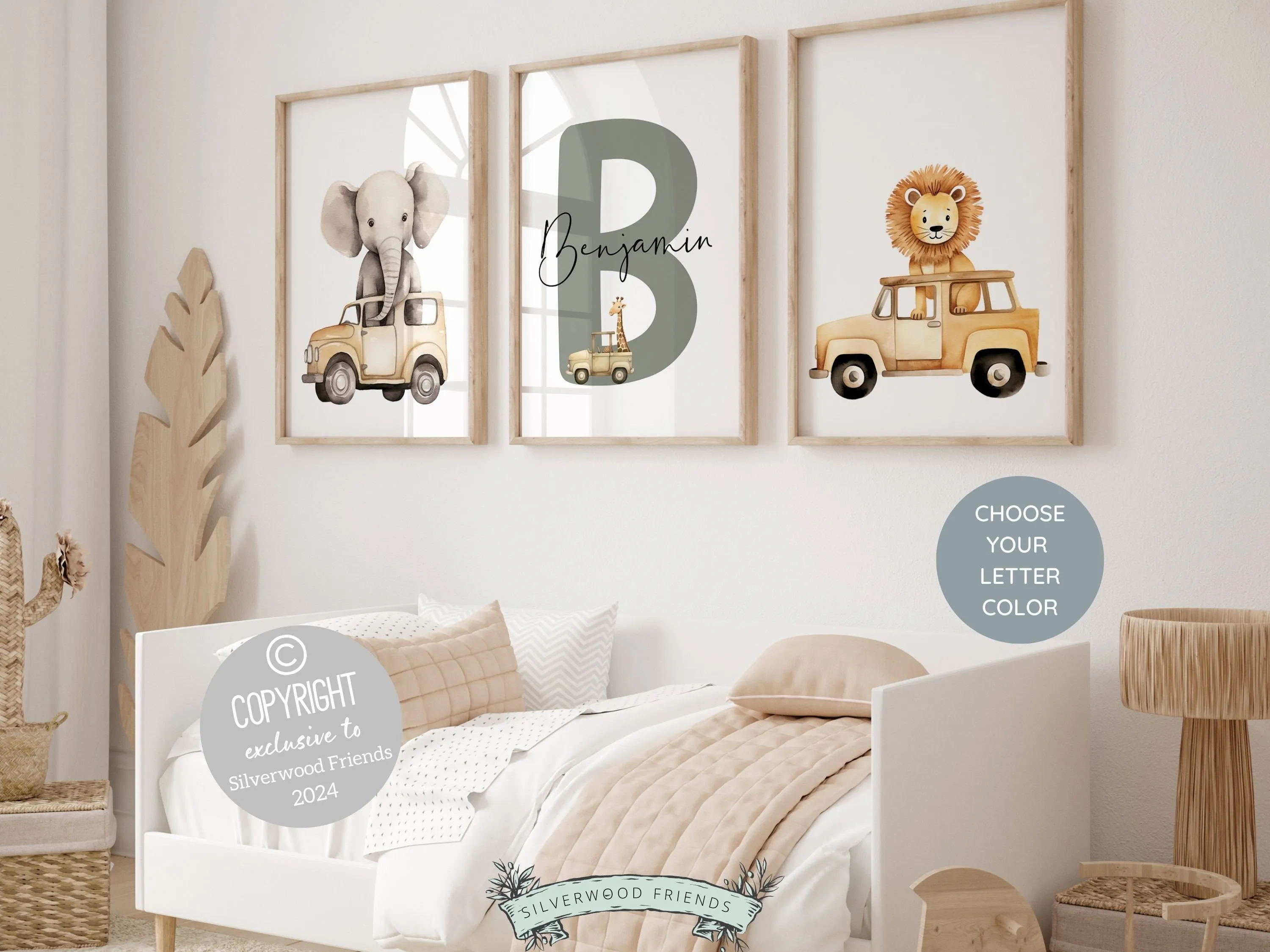 Safari Animal Car Nursery Prints - Set 4 - Personalised