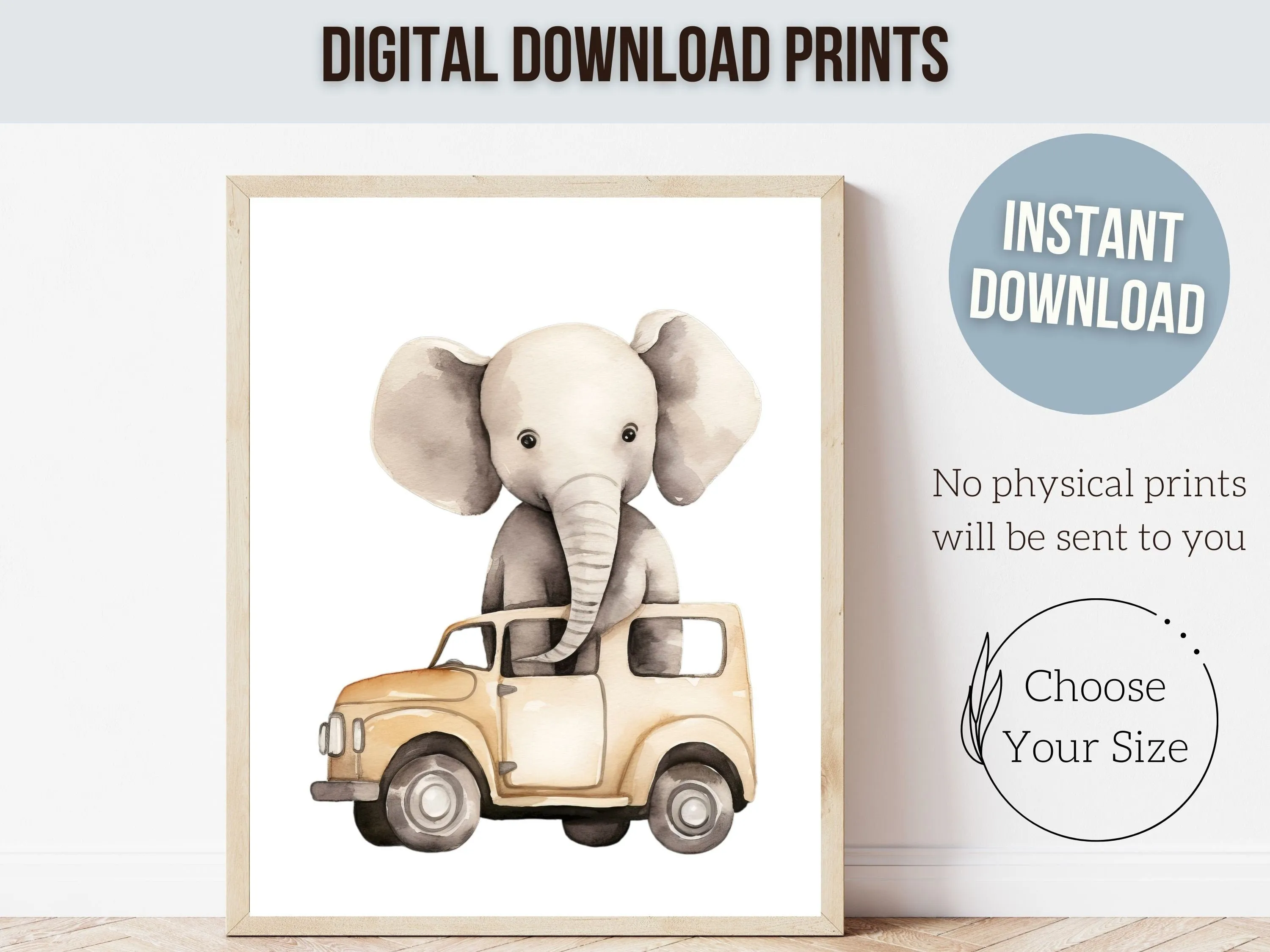 Safari Animal Car Nursery Prints - Set 4 - Personalised