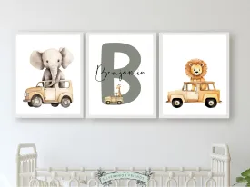 Safari Animal Car Nursery Prints - Set 4 - Personalised