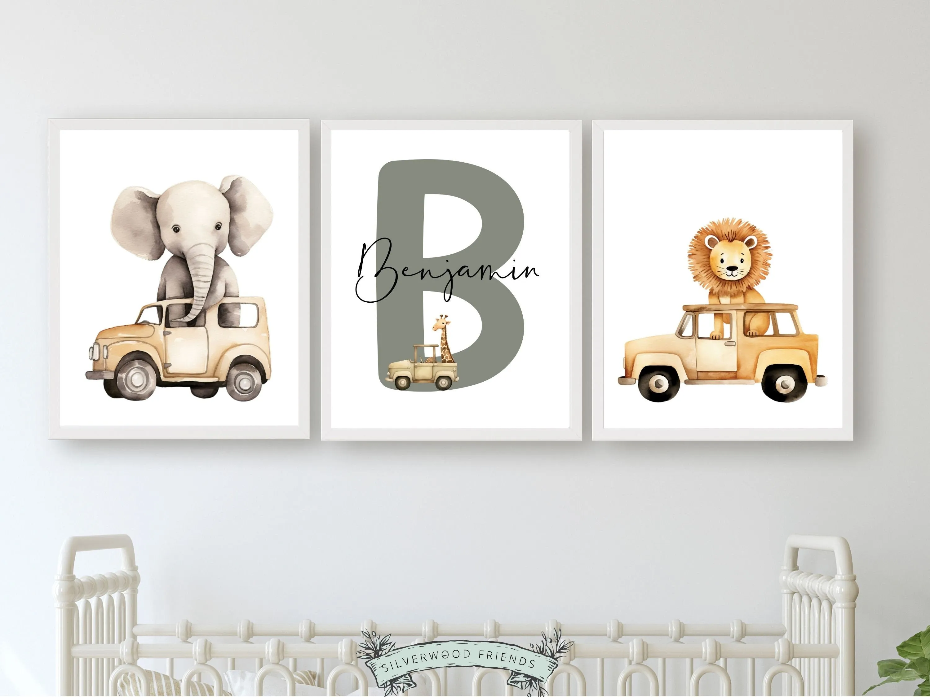 Safari Animal Car Nursery Prints - Set 4 - Personalised