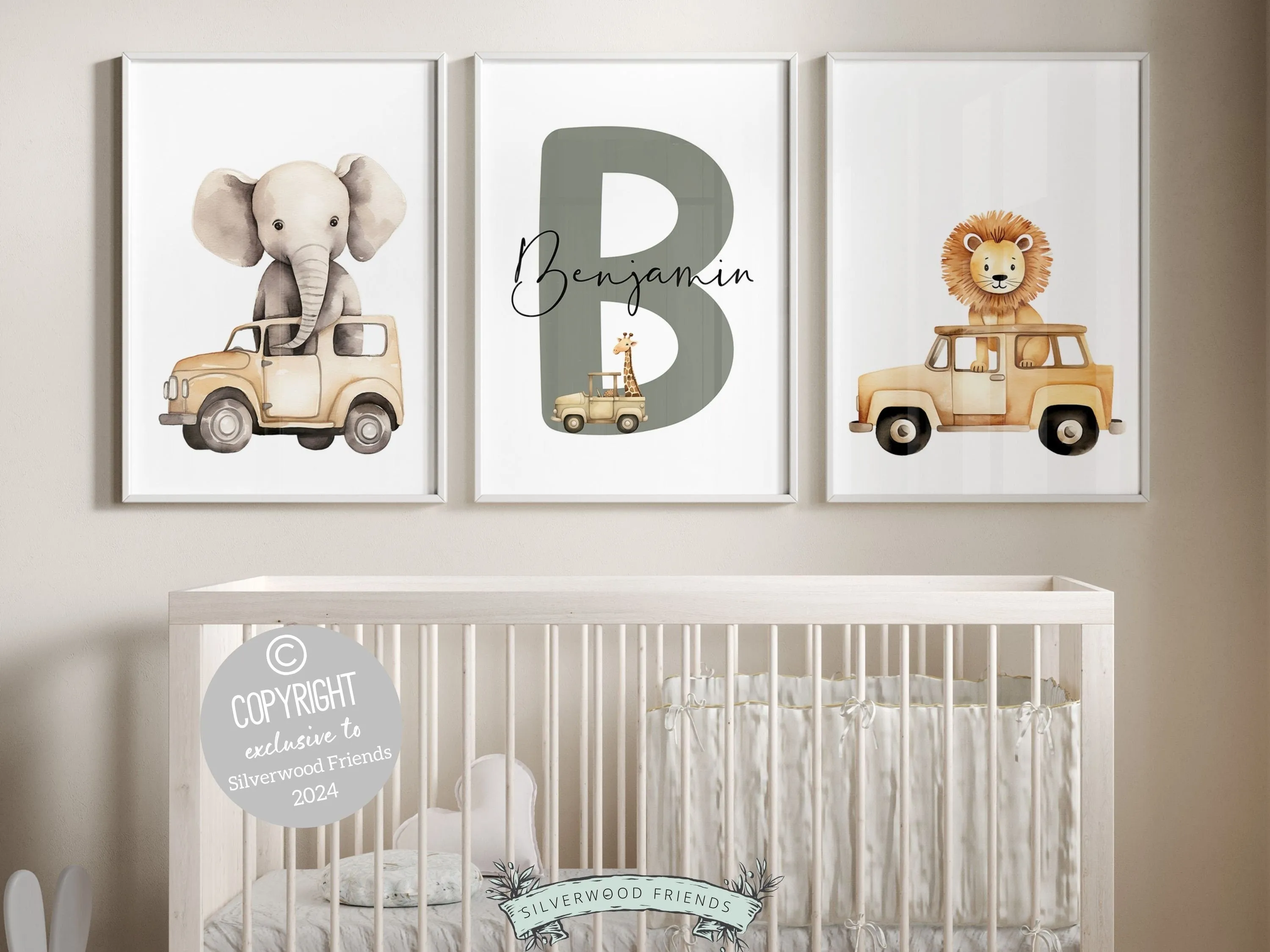 Safari Animal Car Nursery Prints - Set 4 - Personalised