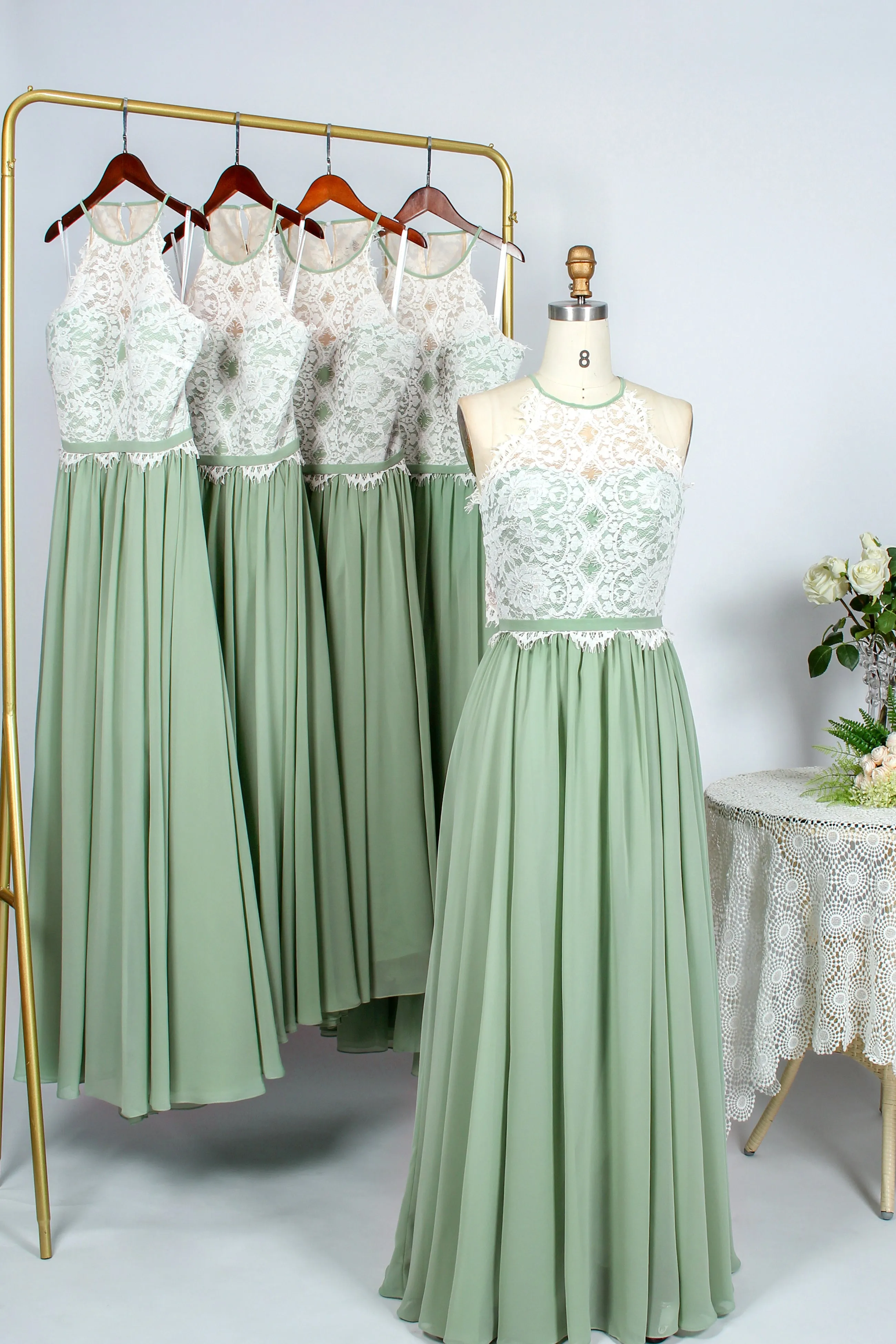 Sage Green Chiffon and Halter White Lace Long Bridesmaid Dress