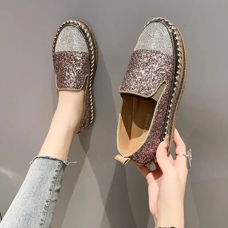 Shining Rhinestone Flats Loafers Slip-on Thick Botton Casual Woman Crystal Shoes Female Fashion Sneakers Sports Running