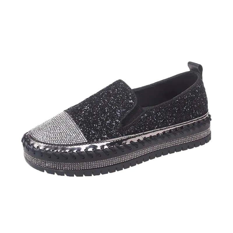 Shining Rhinestone Flats Loafers Slip-on Thick Botton Casual Woman Crystal Shoes Female Fashion Sneakers Sports Running