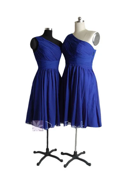 Short Pleated One Shoulder Chiffon Party Dress Blue Short Bridesmaids Dress (BM351)