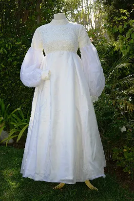 SOLD Vintage 60s White Lace Wedding Gown, Juliette Sleeve Long Detachable Train,Empire Waist XS/S