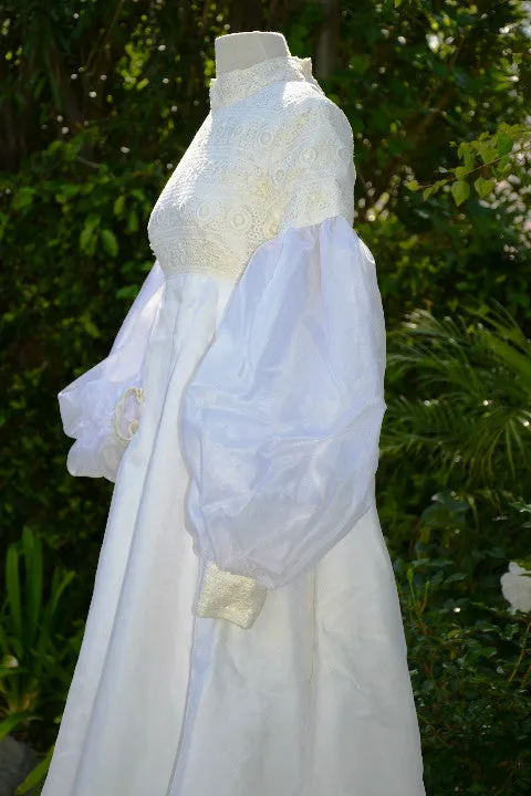 SOLD Vintage 60s White Lace Wedding Gown, Juliette Sleeve Long Detachable Train,Empire Waist XS/S