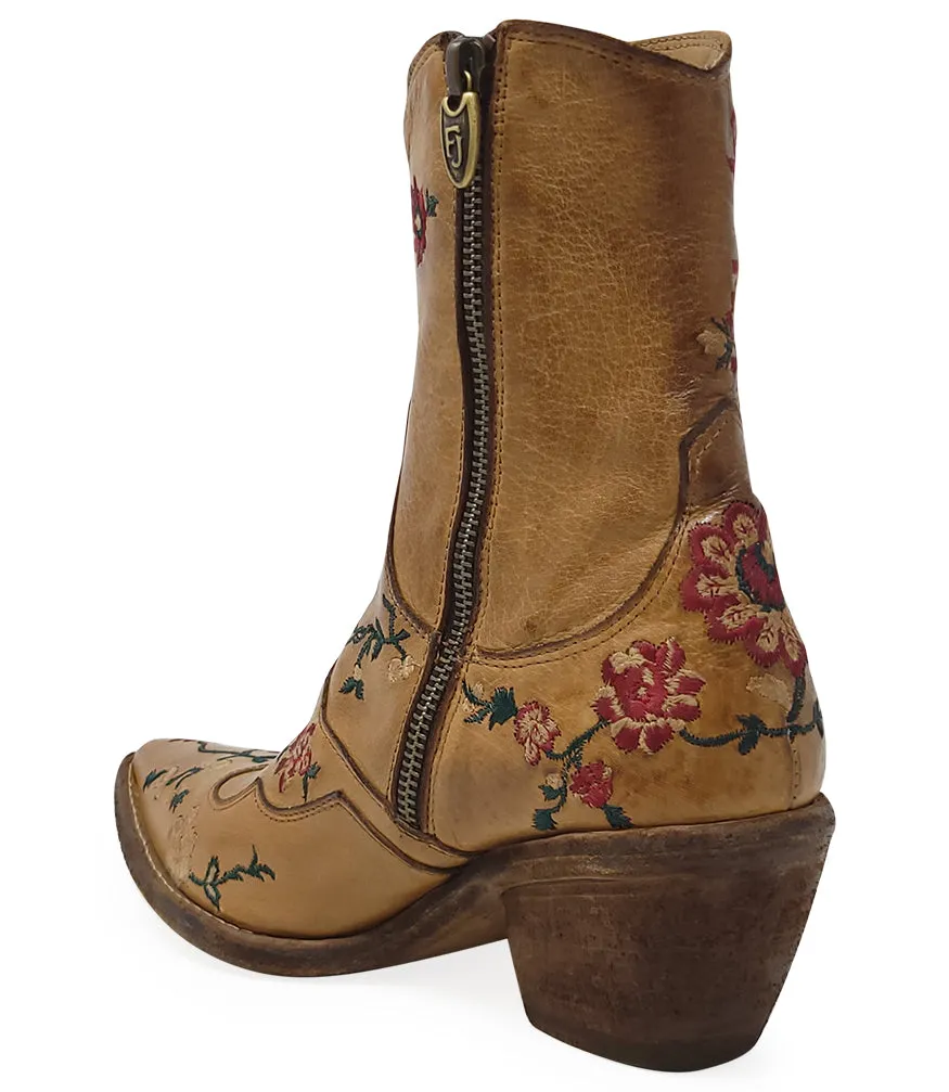 Tan Leather Embroidered Ankle Boot