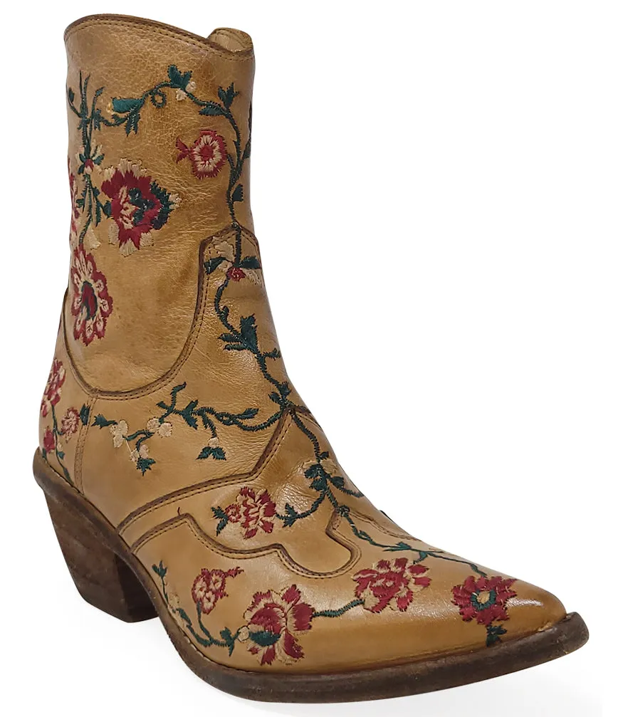 Tan Leather Embroidered Ankle Boot